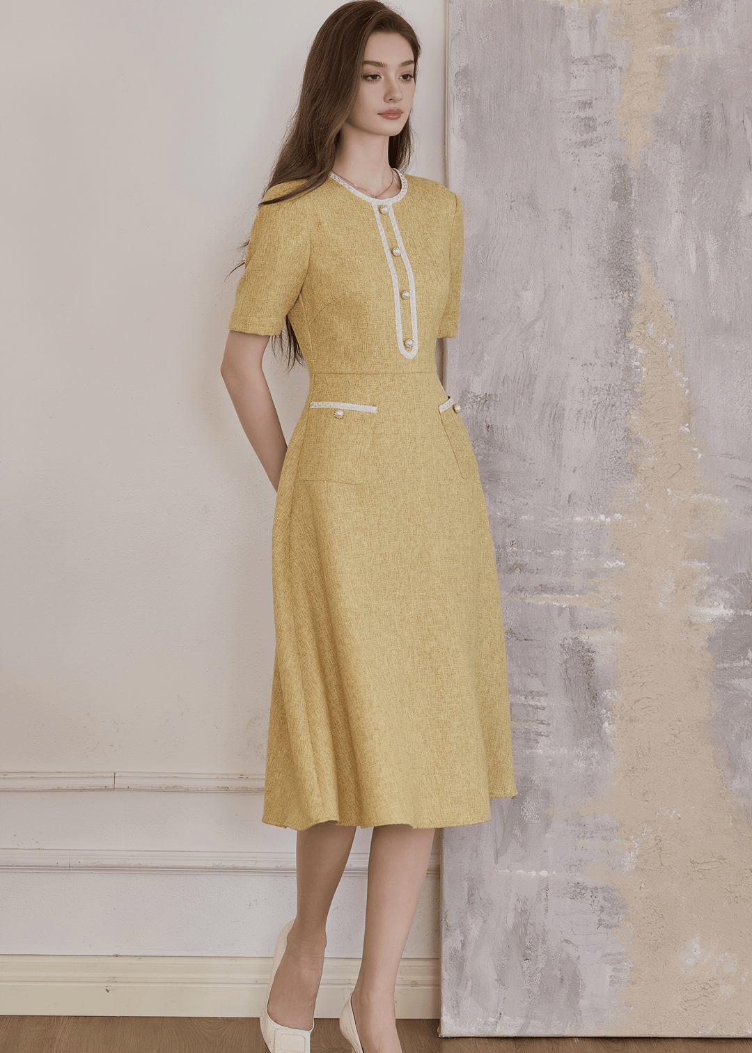 GOLDEN FLARED MIDI HENLEY DRESS - ANLEM