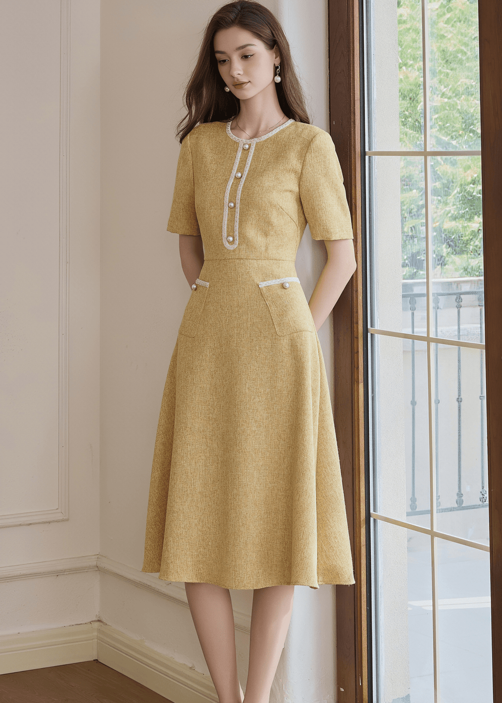 GOLDEN FLARED MIDI HENLEY DRESS - ANLEM