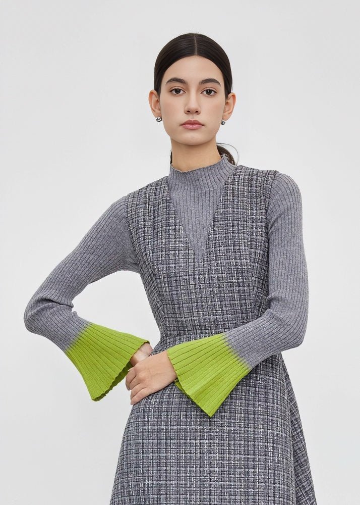 GRAY CONTRAST FLARE SLEEVE KNIT - ANLEM