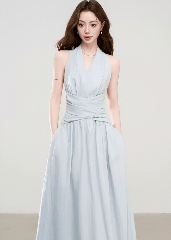 HALTER CROSS SHIRRING DRESS - ANLEM