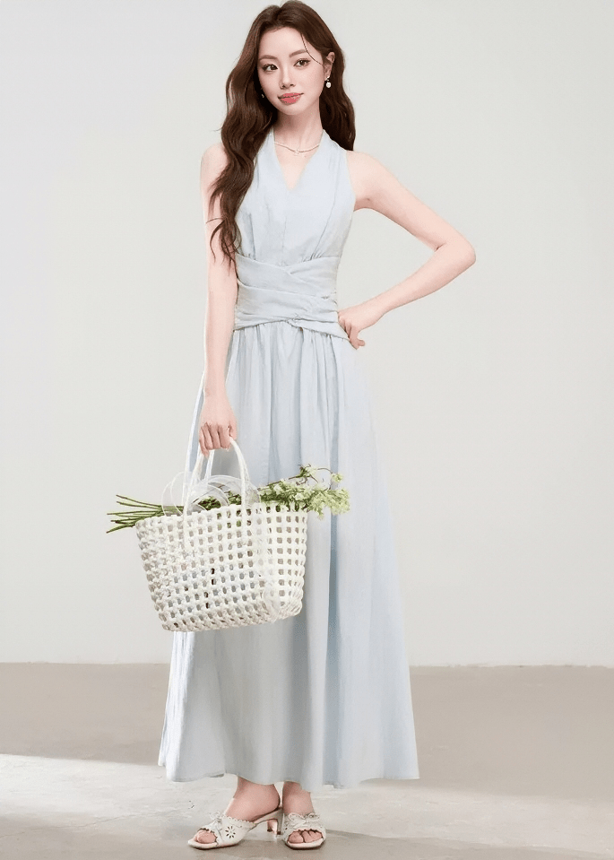 HALTER CROSS SHIRRING DRESS - ANLEM