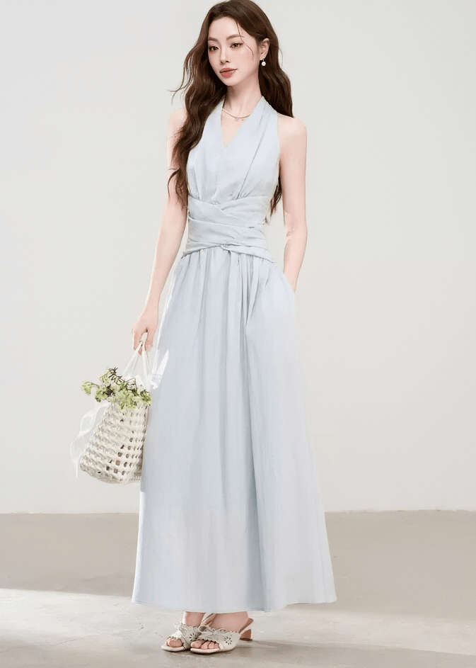 HALTER CROSS SHIRRING DRESS - ANLEM