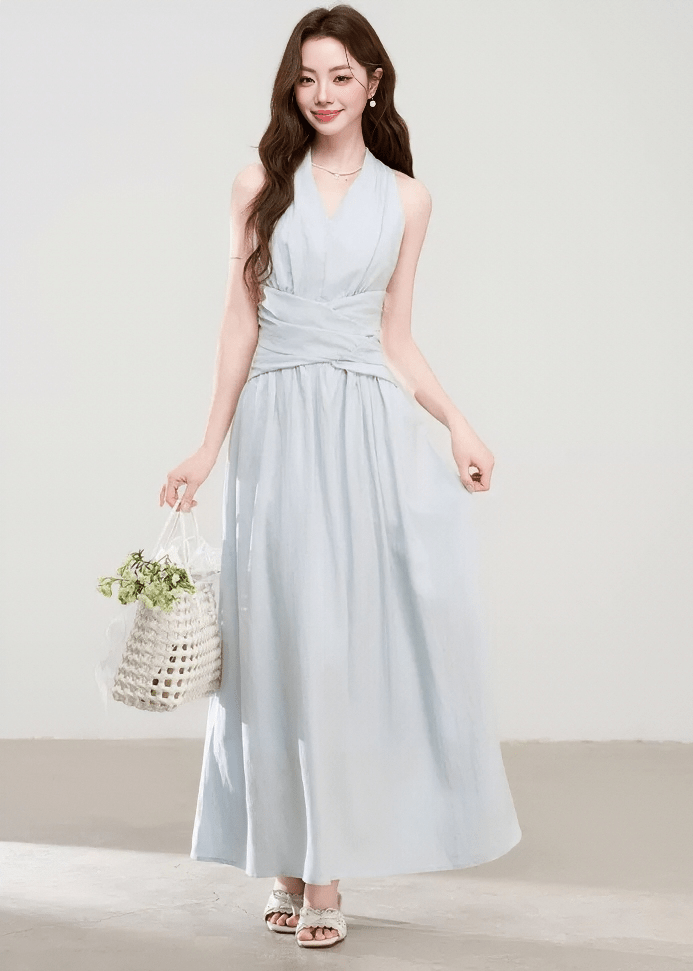HALTER CROSS SHIRRING DRESS - ANLEM