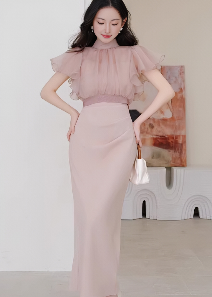 CHIFFON RUFFLE SLEEVE TOP & PENCIL SKIRT