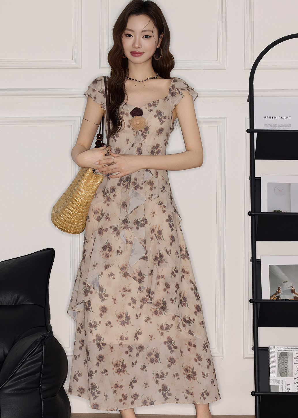 SQUARE NECK FLUTTER SLEEVE FLORAL MIDI DRESS