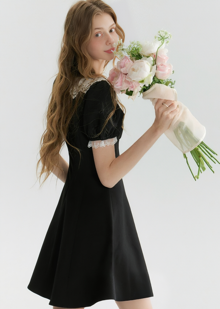 LACE TRIM PUFF SLEEVE DRESS