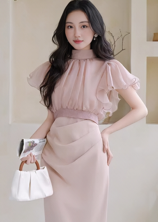 CHIFFON RUFFLE SLEEVE TOP & PENCIL SKIRT