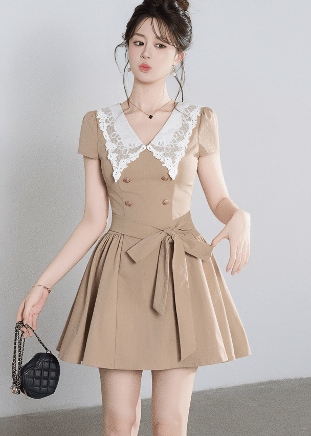 LACE COLLAR BELTED A-LINE DRESS - ANLEM
