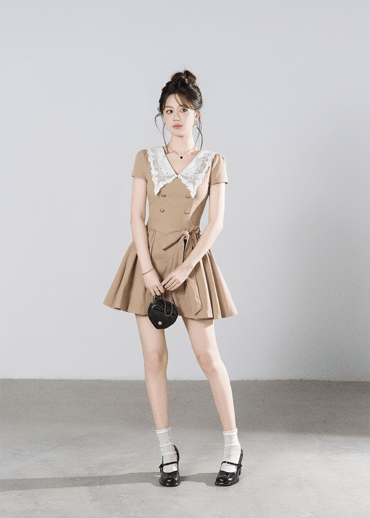 LACE COLLAR BELTED A-LINE DRESS - ANLEM