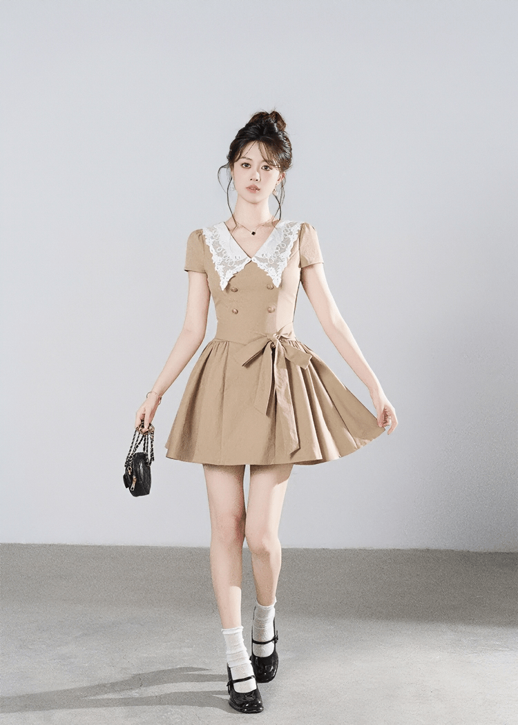 LACE COLLAR BELTED A-LINE DRESS - ANLEM