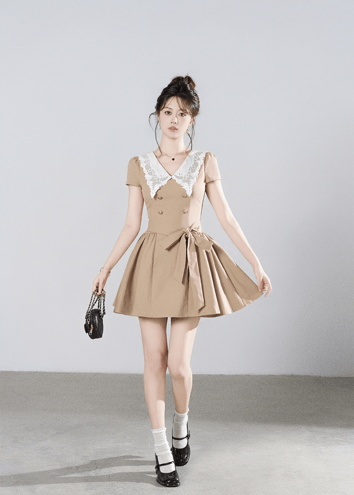 LACE COLLAR BELTED A-LINE DRESS - ANLEM