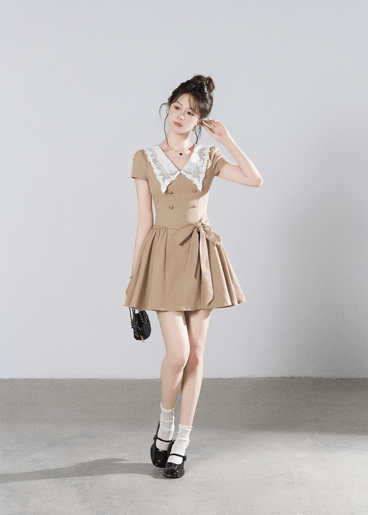 LACE COLLAR BELTED A-LINE DRESS - ANLEM
