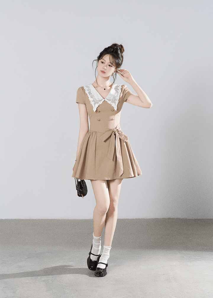 LACE COLLAR BELTED A-LINE DRESS - ANLEM