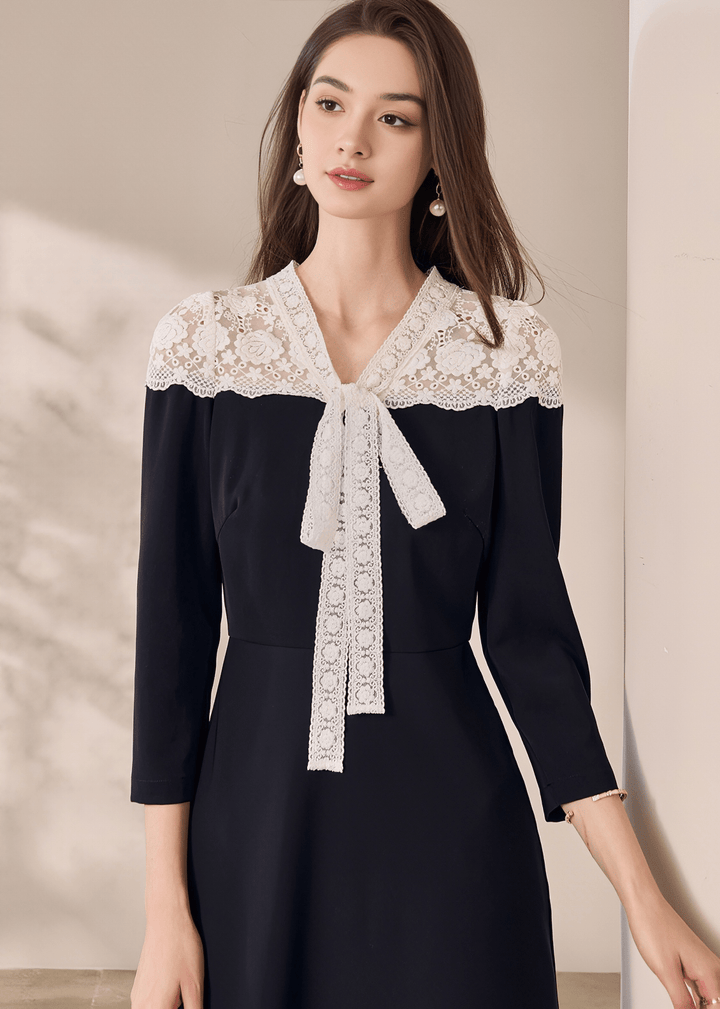 LACE COLLAR BOW TIE DRESS - ANLEM