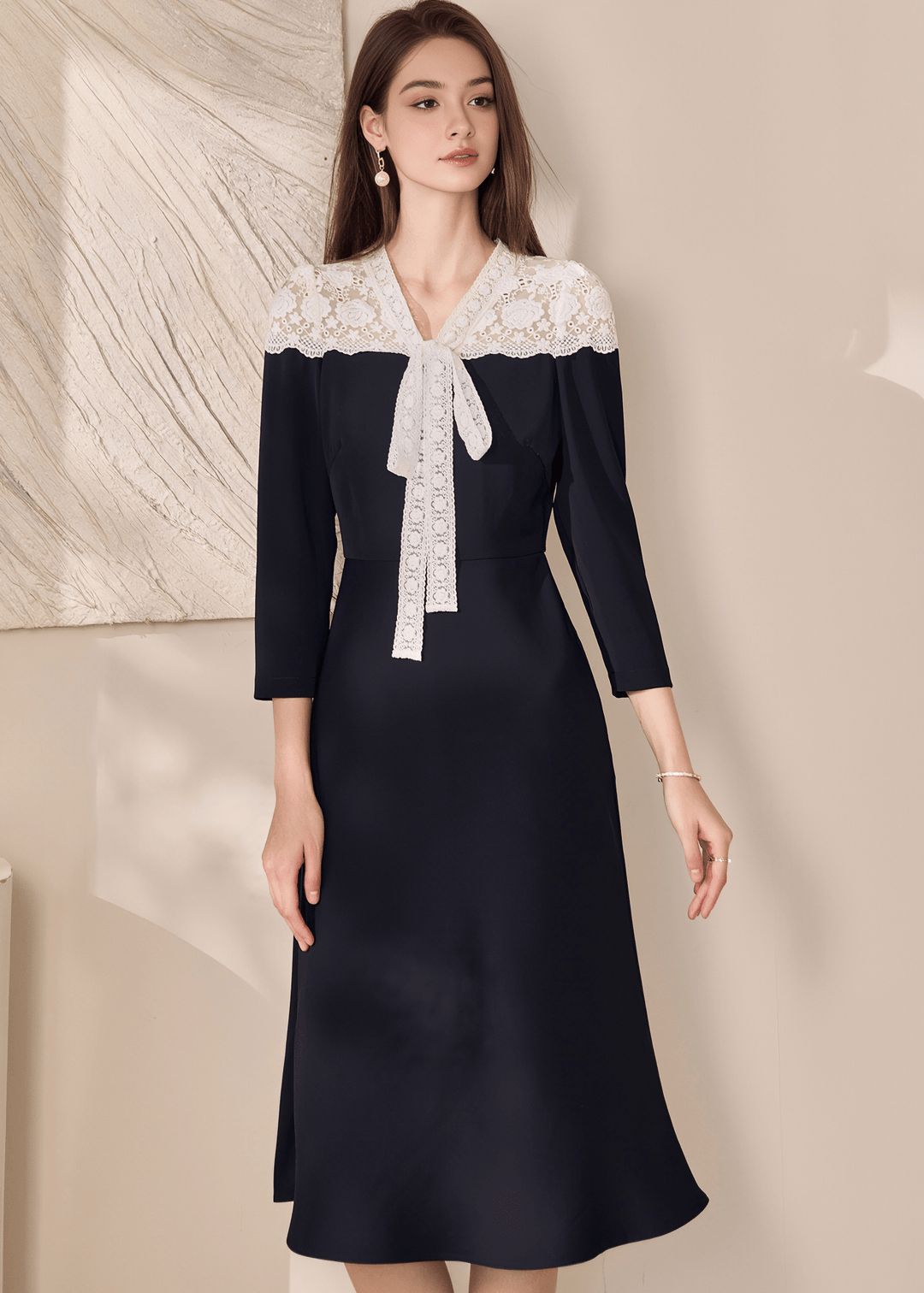 LACE COLLAR BOW TIE DRESS - ANLEM