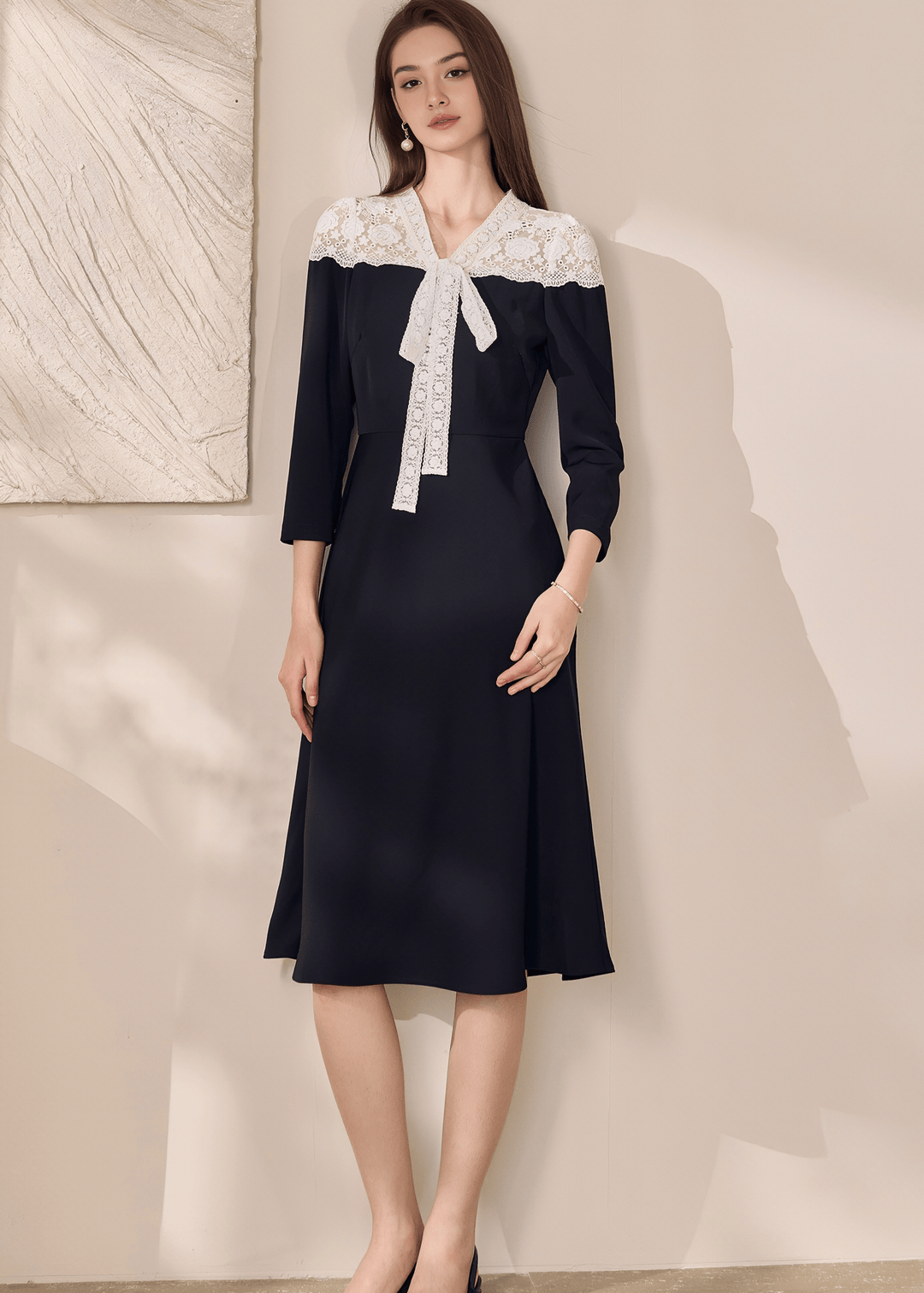 LACE COLLAR BOW TIE DRESS - ANLEM