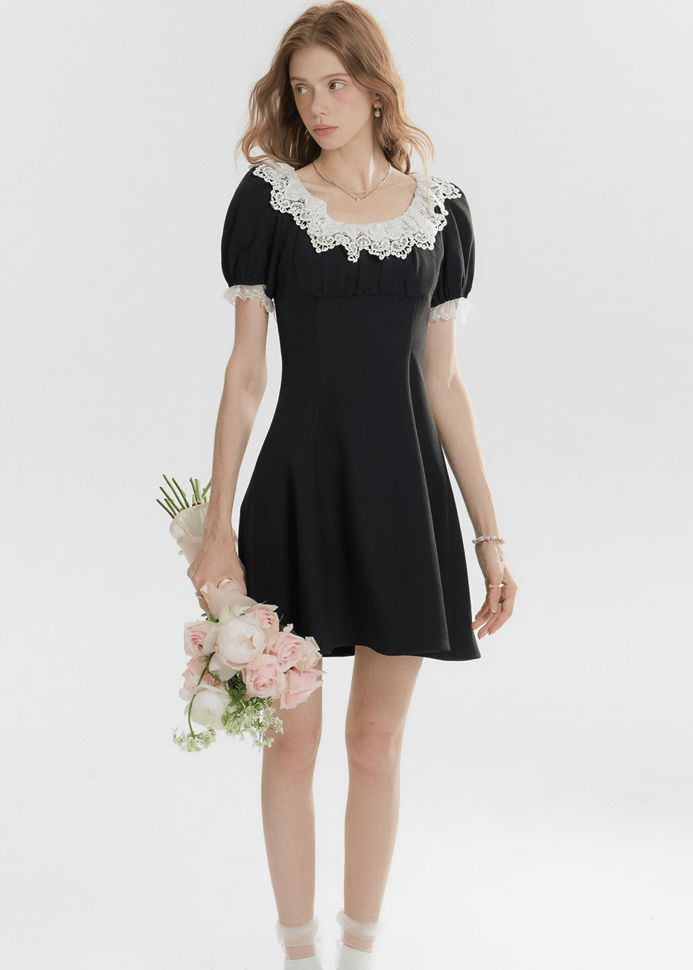 LACE TRIM PUFF SLEEVE DRESS - ANLEM