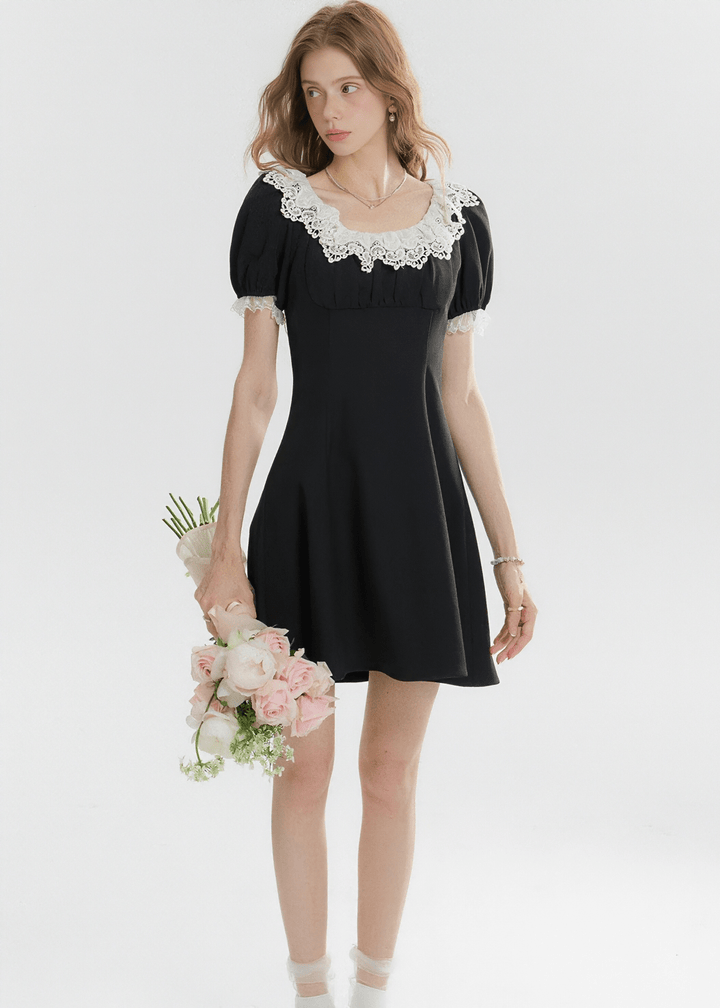 LACE TRIM PUFF SLEEVE DRESS - ANLEM