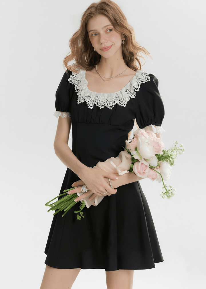 LACE TRIM PUFF SLEEVE DRESS - ANLEM