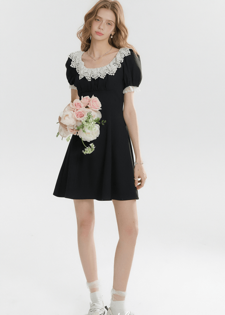 LACE TRIM PUFF SLEEVE DRESS - ANLEM
