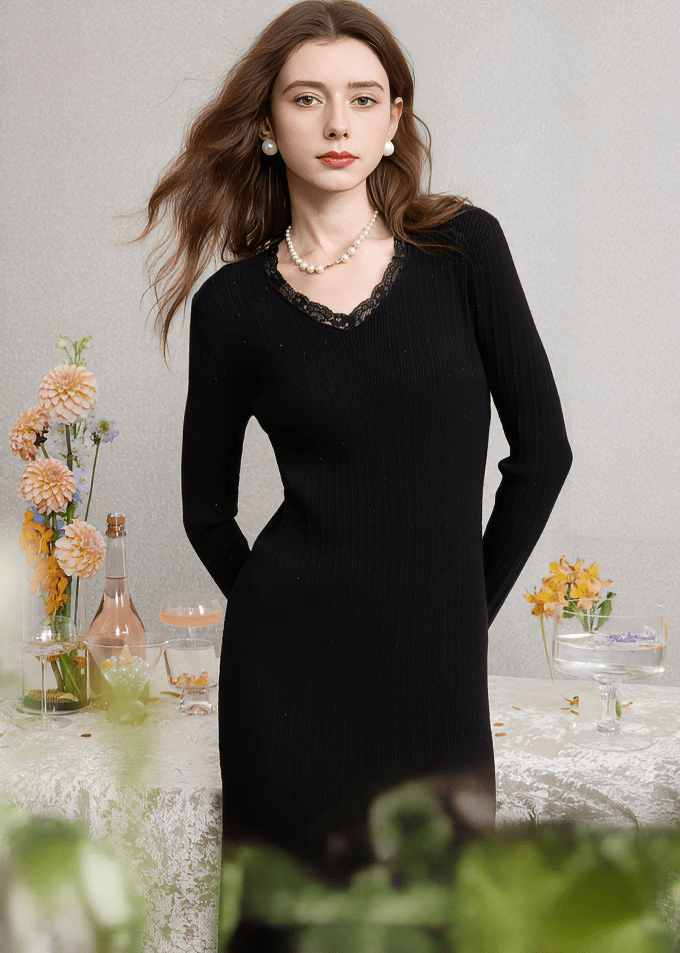 LACE TRIM RIBBED KNIT DRESS - ANLEM