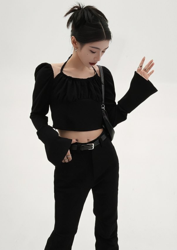 LACE UP SHIRT BELL SLEEVE TOPS - ANLEM