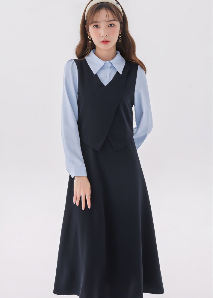 LAYERED SHIRT VEST DRESS - ANLEM