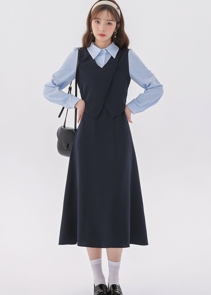 LAYERED SHIRT VEST DRESS - ANLEM