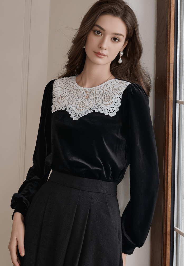 MIDNIGHT LACE COLLAR VELVET BLOUSE - ANLEM