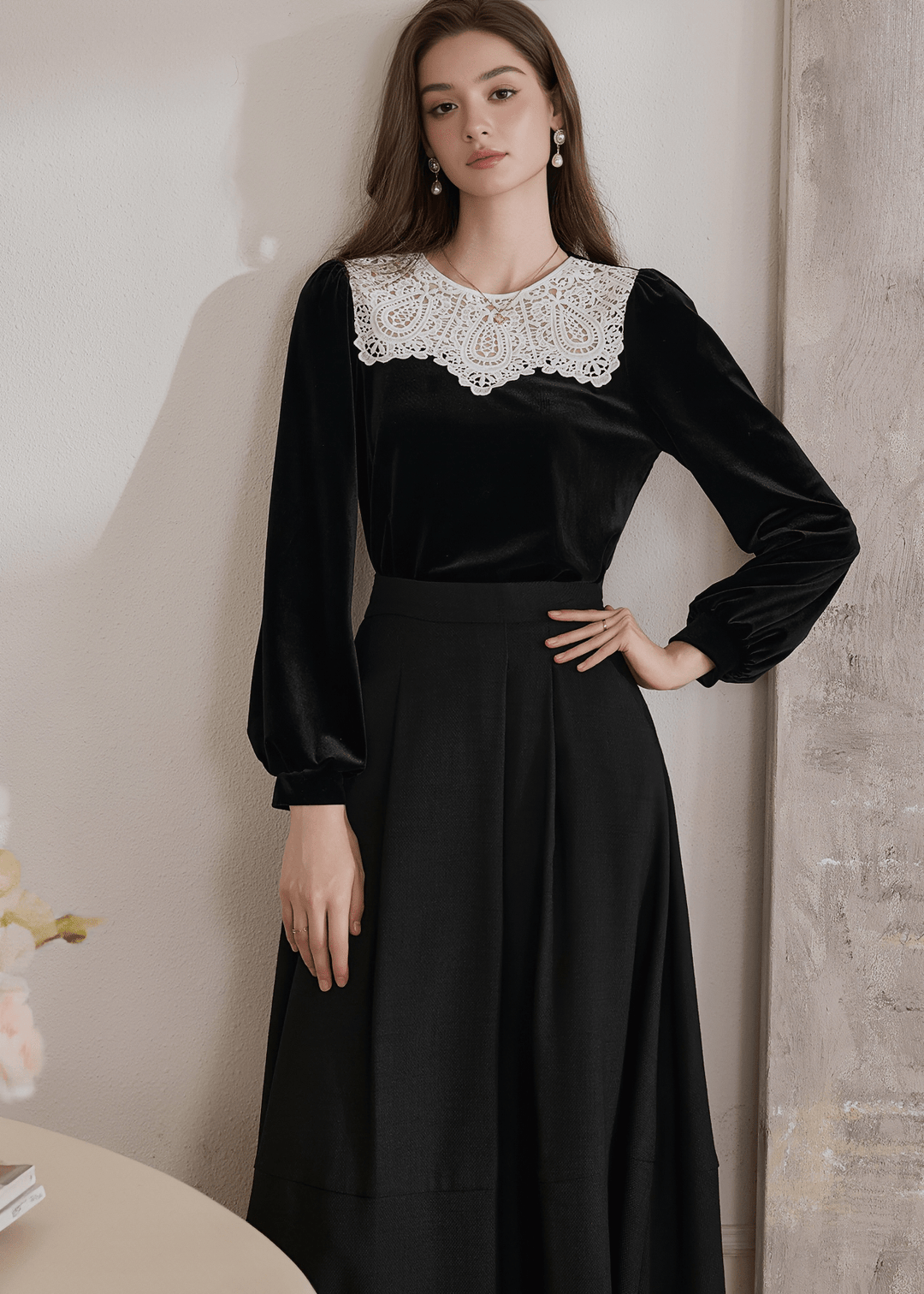 MIDNIGHT LACE COLLAR VELVET BLOUSE - ANLEM