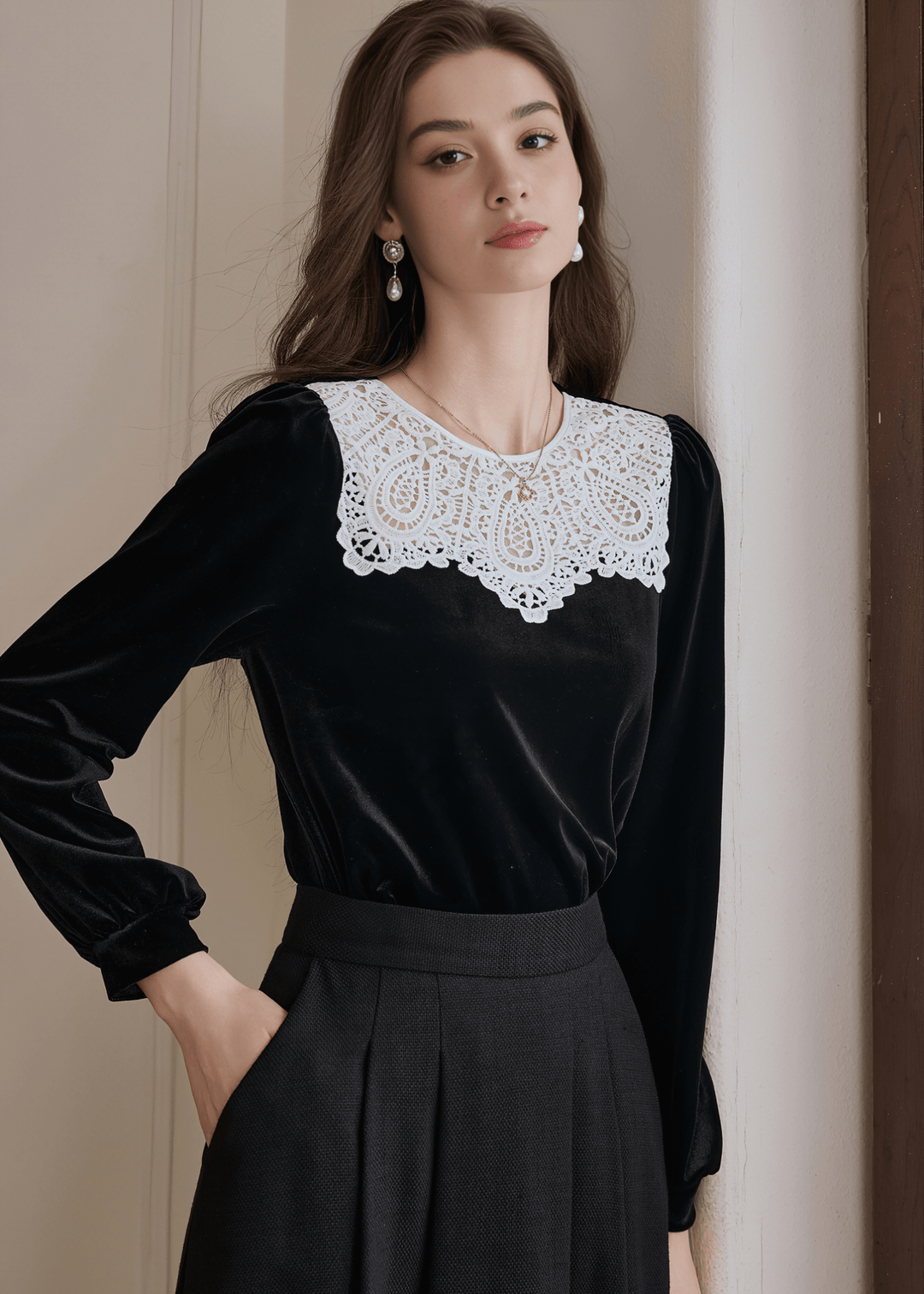 MIDNIGHT LACE COLLAR VELVET BLOUSE - ANLEM