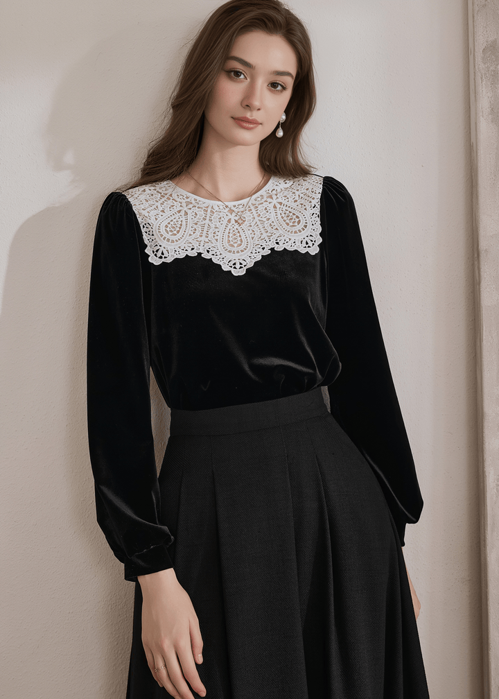 MIDNIGHT LACE COLLAR VELVET BLOUSE - ANLEM