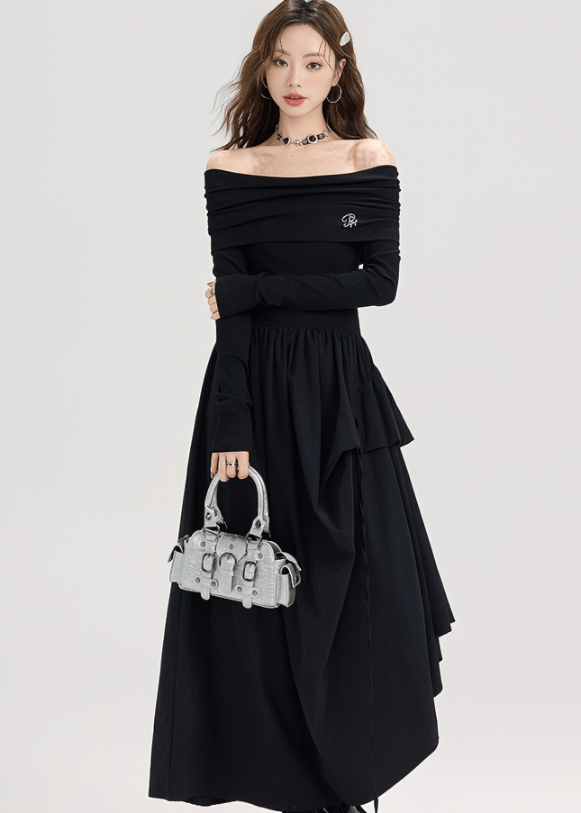 OFF SHOULDER RUFFLE MAXI DRESS - ANLEM