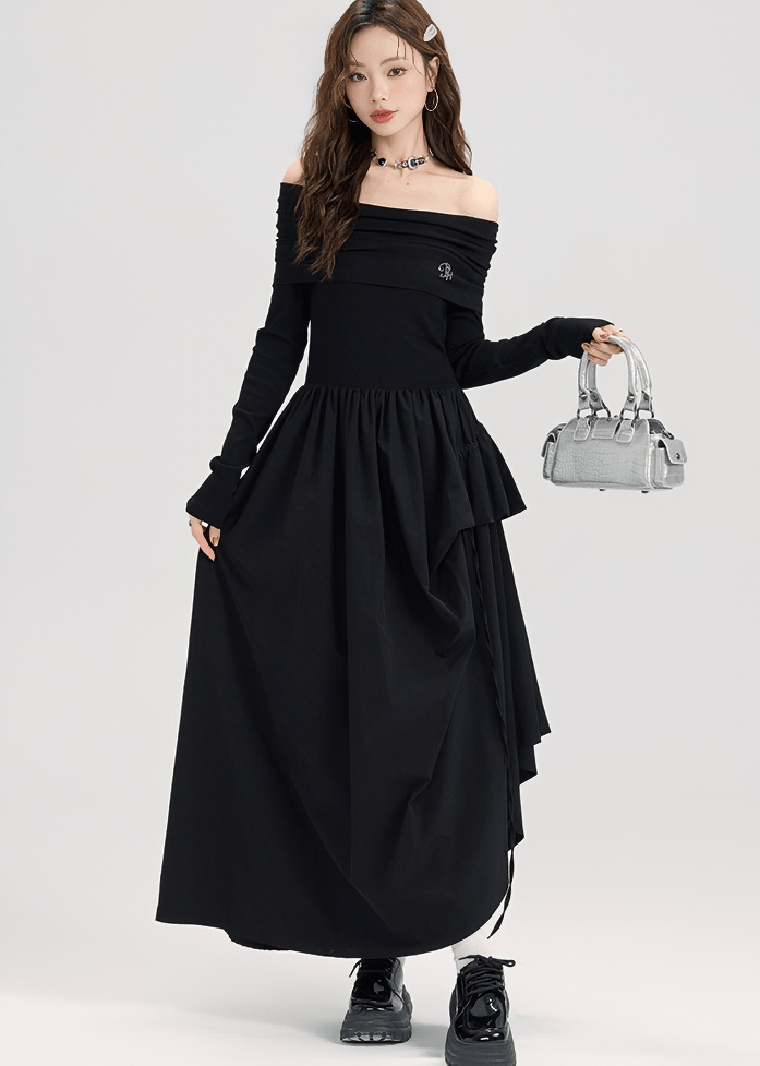 OFF SHOULDER RUFFLE MAXI DRESS - ANLEM