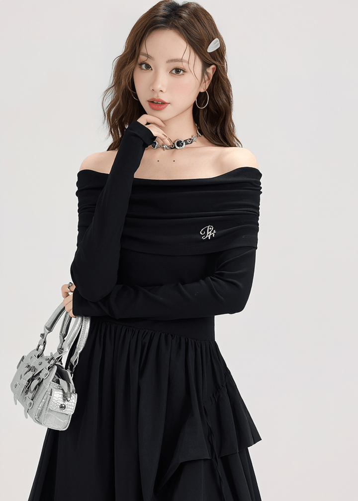 OFF SHOULDER RUFFLE MAXI DRESS - ANLEM