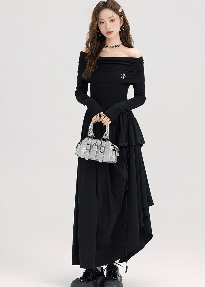 OFF SHOULDER RUFFLE MAXI DRESS - ANLEM