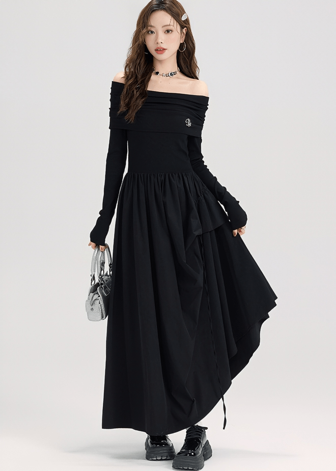 OFF SHOULDER RUFFLE MAXI DRESS - ANLEM
