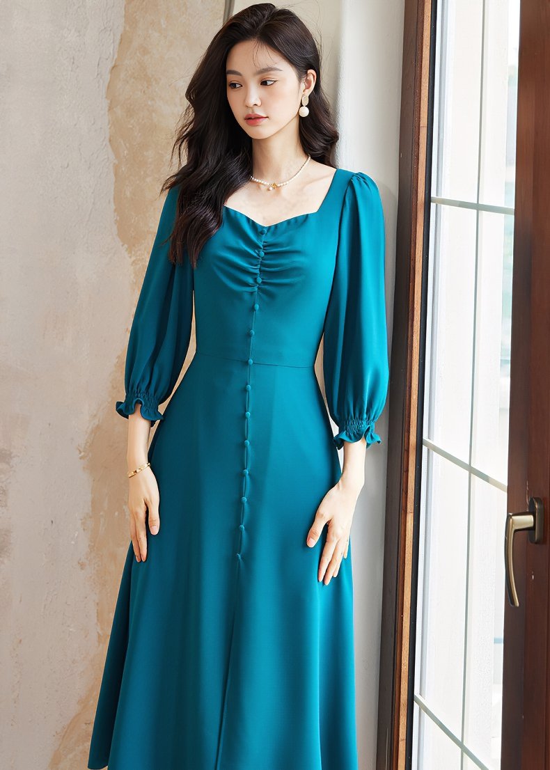 PEACOCK BALLOON SLEEVE DRESS - ANLEM