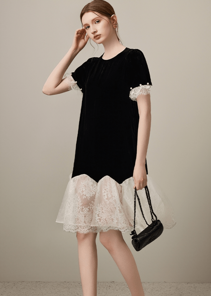 PEARL CUFF LACE HEM DRESS - ANLEM