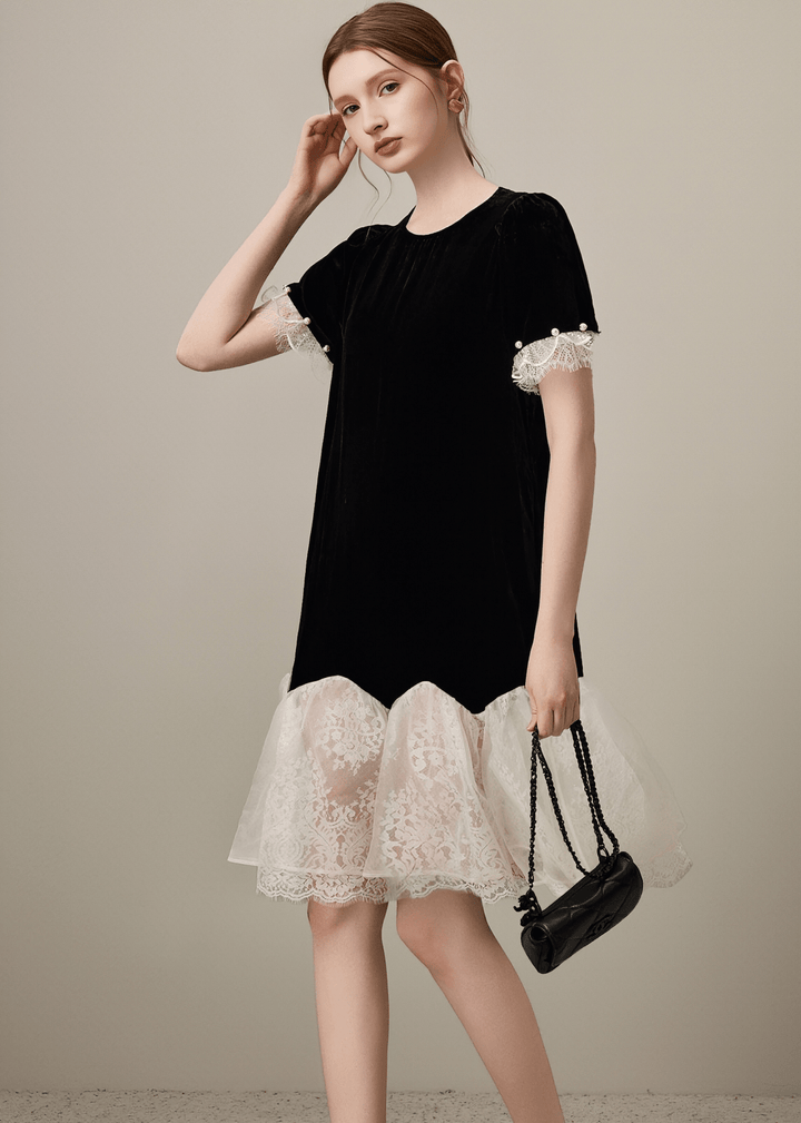 PEARL CUFF LACE HEM DRESS - ANLEM