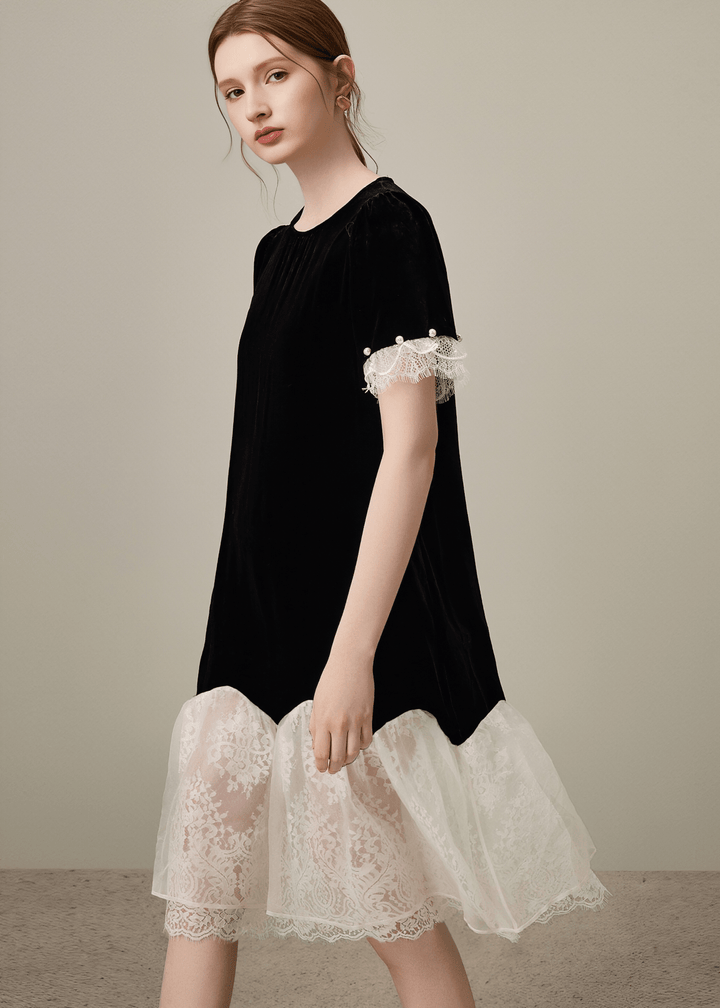 PEARL CUFF LACE HEM DRESS - ANLEM