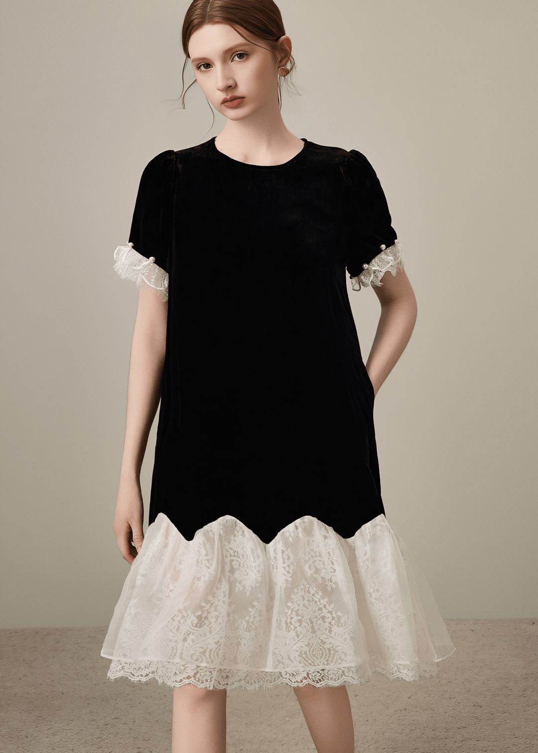 PEARL CUFF LACE HEM DRESS - ANLEM