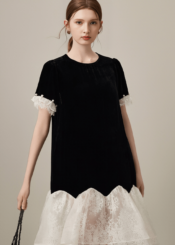 PEARL CUFF LACE HEM DRESS - ANLEM