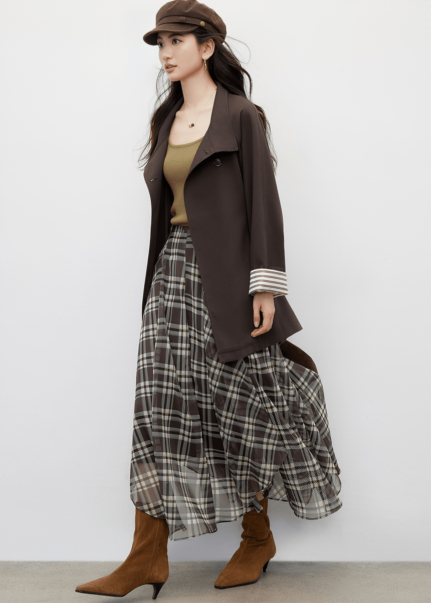 PLAID CHIFFON ASYMMETRICAL MIDI SKIRT - ANLEM