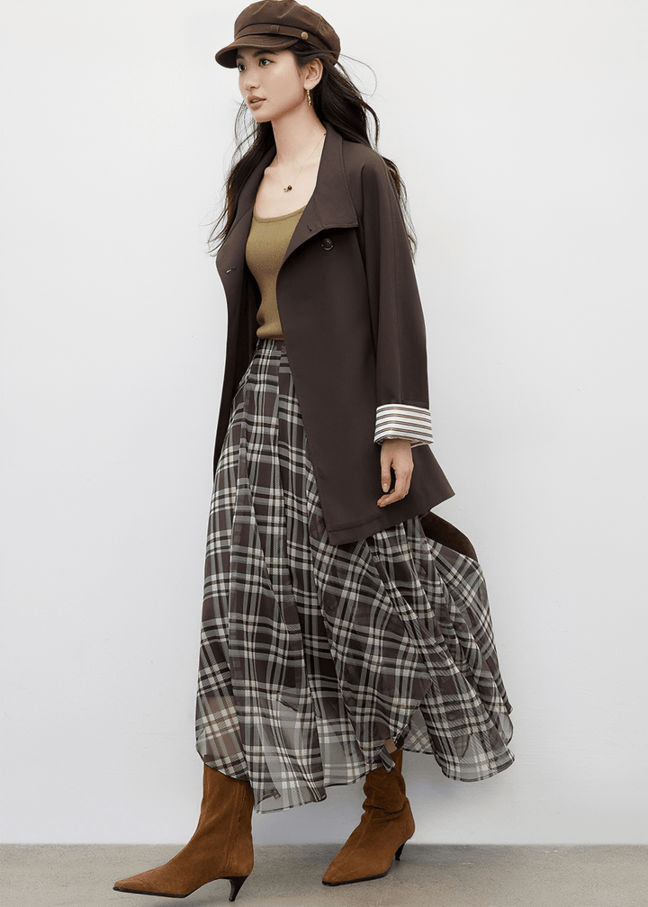 PLAID CHIFFON ASYMMETRICAL MIDI SKIRT - ANLEM