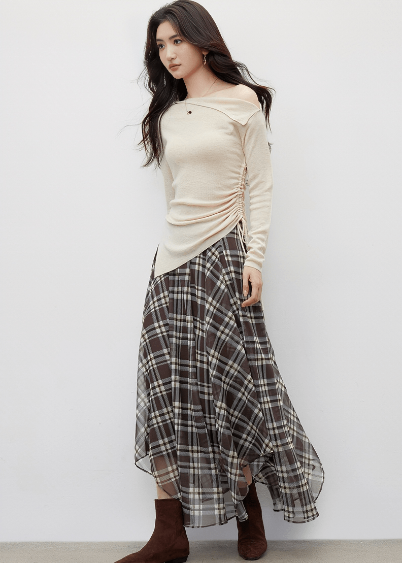 PLAID CHIFFON ASYMMETRICAL MIDI SKIRT - ANLEM