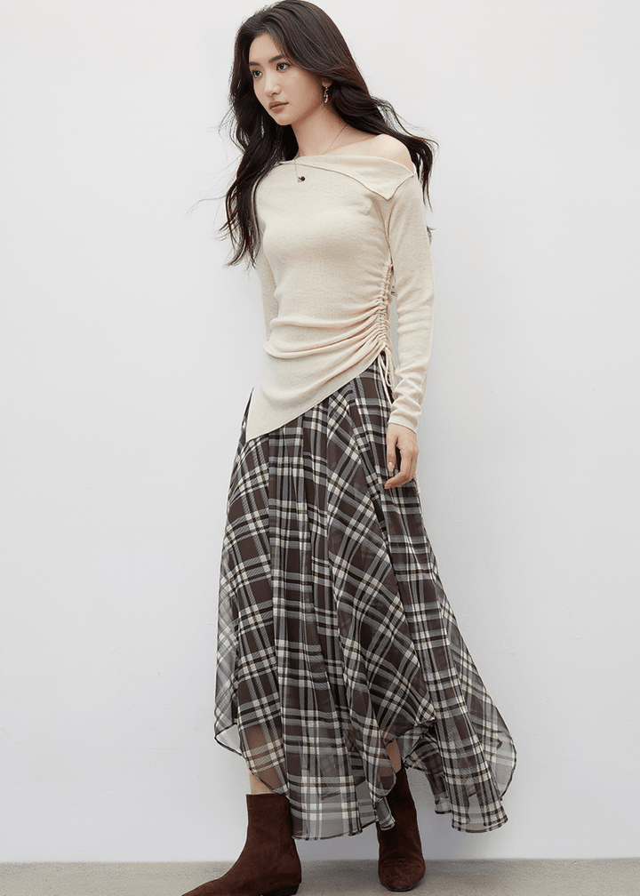 PLAID CHIFFON ASYMMETRICAL MIDI SKIRT - ANLEM