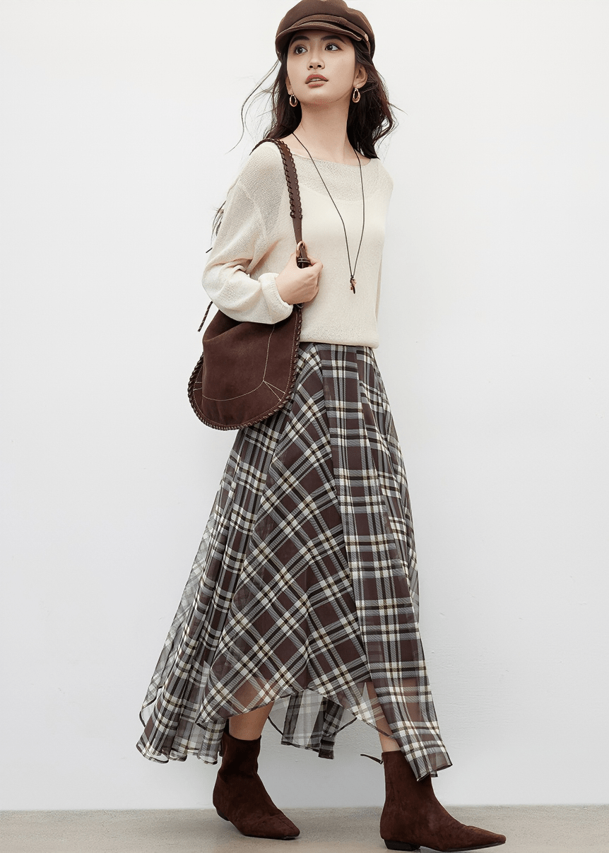 PLAID CHIFFON ASYMMETRICAL MIDI SKIRT - ANLEM