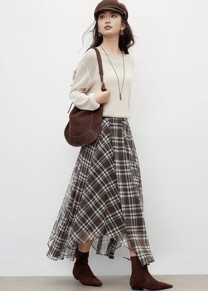 PLAID CHIFFON ASYMMETRICAL MIDI SKIRT - ANLEM