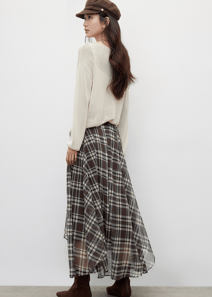 PLAID CHIFFON ASYMMETRICAL MIDI SKIRT - ANLEM